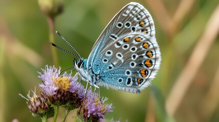 Obraz premium A close-up of a butterfly perched on a flower in a meadow.