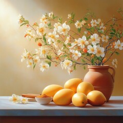 Still Life Composition Featuring Ripe Mangoes, Flowers, and Spices