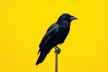 Obraz premium Black raven perched on a stick against a yellow background