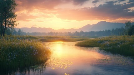 Fototapeta premium Serene Sunrise Over Misty Mountain Lake