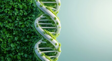 White double-helix DNA structure with green plants growing on it, light blue background