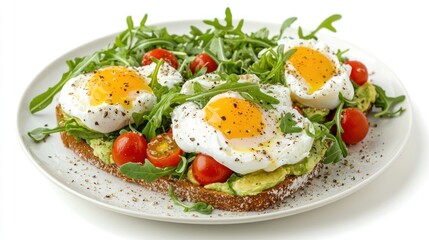 A vibrant avocado toast topped with cherry tomatoes, arugula, and poached eggs.