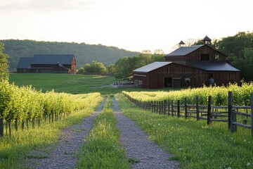 Fototapeta premium Serene Vineyard Landscape with Barns under Golden Sunrise Light