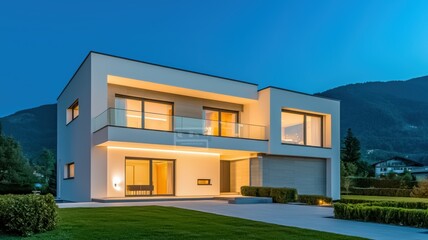 A modern two-story house with large windows and a sleek design, illuminated at dusk, surrounded by a manicured lawn and mountains in the background.