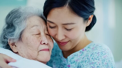 A tender moment between a young woman and an elderly woman, showcasing love and connection in a serene setting.