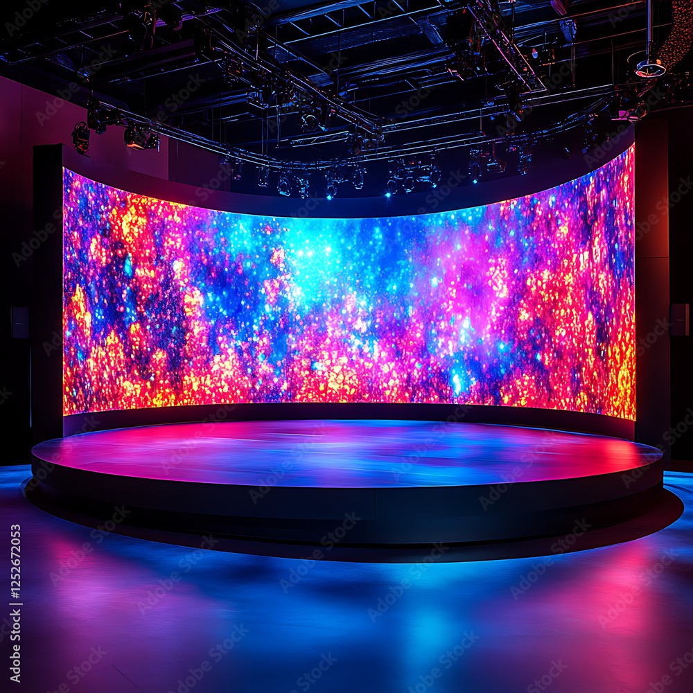 Poster vibrant semi curved elevated stage featuring colorful led backdrop with dynamic patterns. stage is i