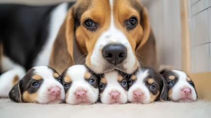 A loving Beagle mother rests her head on her adorable puppy litter, showcasing their sweet faces and playful bond.