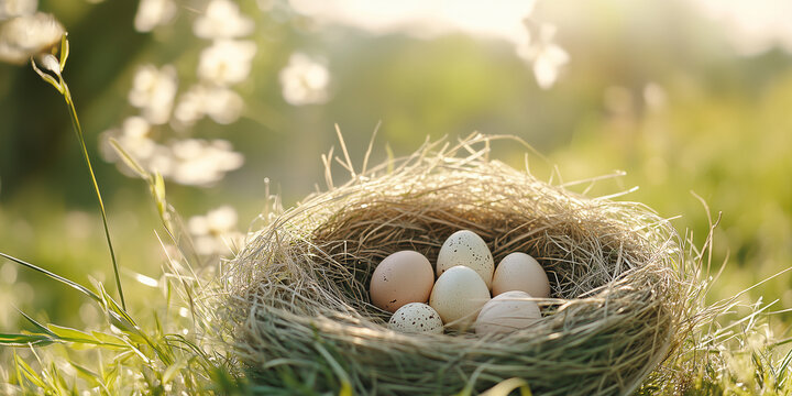 Vogelnest mit Ostereier in der Natur im Garten. Hintergrundbild f&uuml;r Ostern. Gef&auml;rbte Eier. 