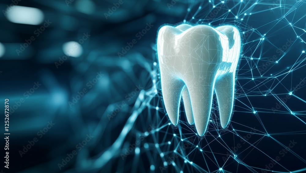 Poster 3d rendering of a glowing tooth symbol with digital network connections on dark blue background, rep