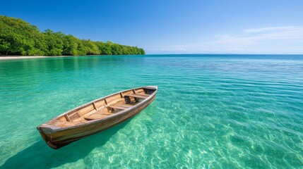 Naklejka premium Traditional Wooden Fishing Boat Anchored in Clear Blue Water