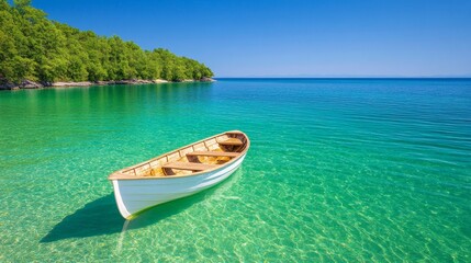Naklejka premium Traditional Wooden Fishing Boat Anchored in Calm Blue Water