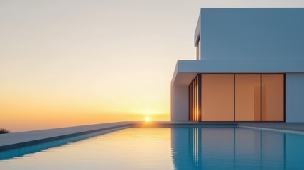 Fototapeta premium A modern luxury villa by a serene pool during sunset, showcasing minimalist architecture and tranquil ambiance.
