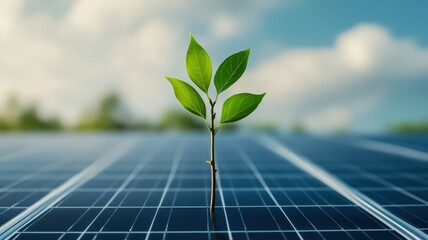 Fototapeta premium A young green plant emerges from a solar panel, symbolizing the harmony between nature and renewable energy.