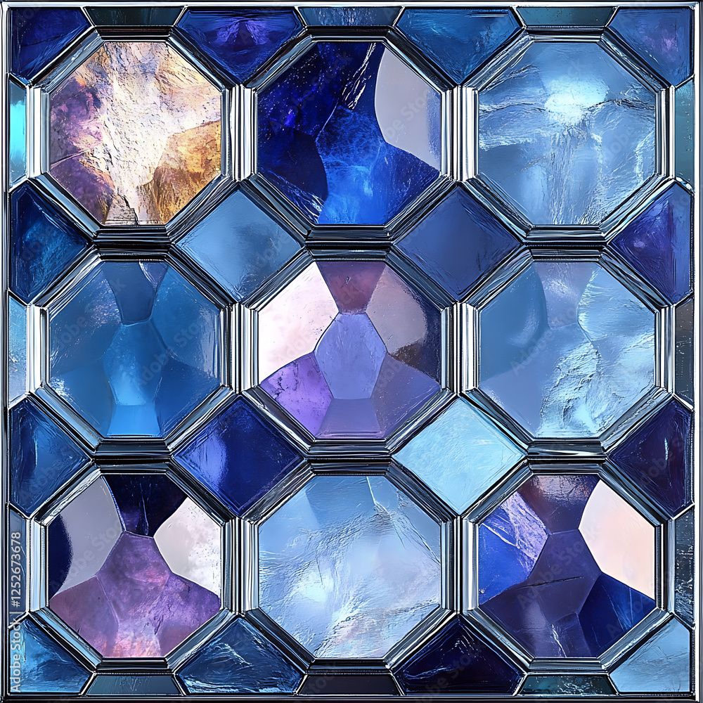 Poster stunning hexagonal glass tiles in dark blues, silver, and purples create captivating mosaic pattern.