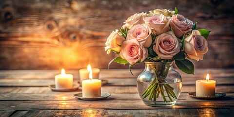 A delicate bouquet of pastel roses in a glass vase, illuminated by the warm glow of softly lit candles on a rustic wooden surface.