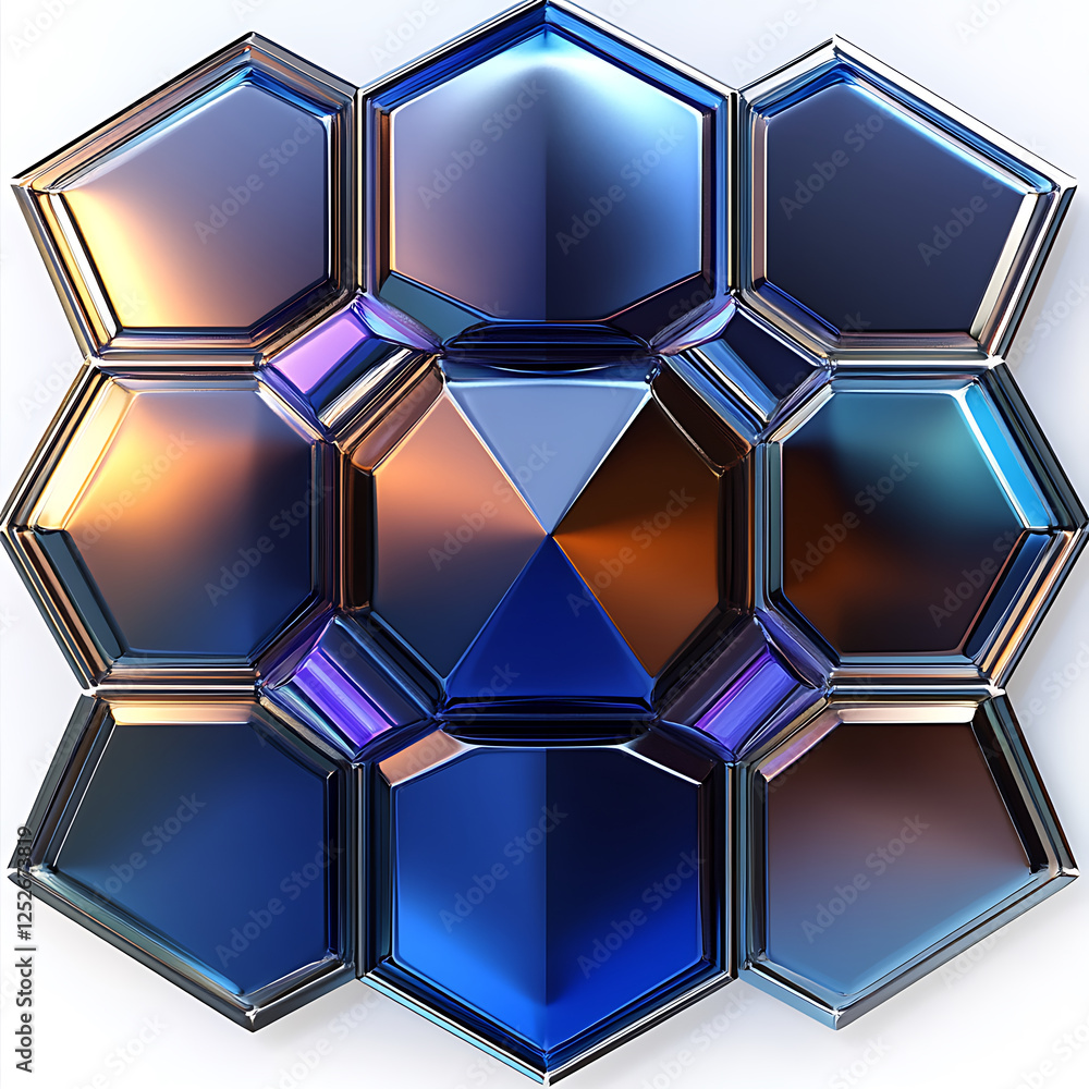 Poster shiny hexagonal tiles in dark blue and silver create modern geometric pattern. reflective surfaces e