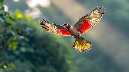 Colorful Woodpecker In Flight Over Lush Forest