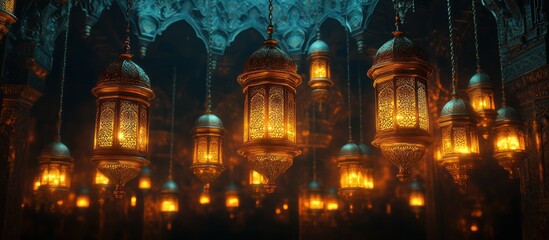 Glowing lanterns hang in ornate mosque