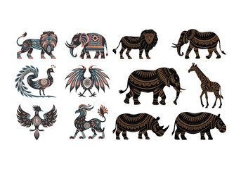A vector illustration of animal silhouettes with ornate patterns. There is a lion, a deer, a fox, a wolf, a rabbit, and a dragon. artistic animal silhouettes with elaborate patterns inspired 