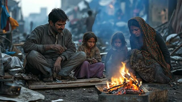 A family of four sits around a fire in an urban setting. They appear poor and unkempt. The father wears worn-out , including gray pants and a black jacket, 
