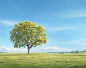 Obraz premium Majestic Tree Growing in a Serene Open Field Under Bright Sky