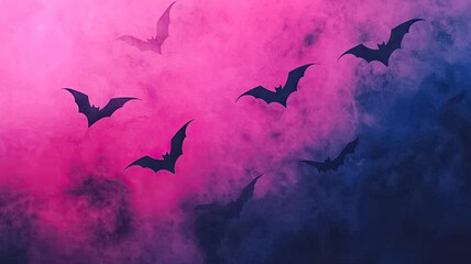 A moody, colorful scene featuring bats flying against a vibrant pink and dark blue background, creating an atmospheric, eerie ambiance.