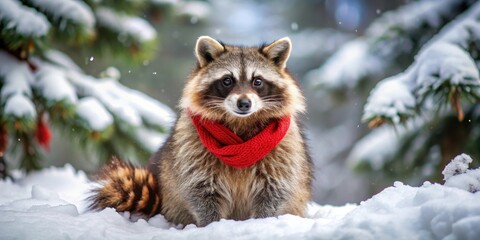 A charming raccoon, adorned in a vibrant red knitted scarf, sits serenely amidst a pristine winter wonderland, surrounded by snow-laden evergreen trees.
