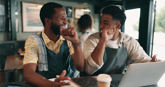 Clipboard, fist bump and laptop with people in coffee shop for celebration, motivation or success. Computer, documents and target with excited small business owner team in cafe for deal or goals
