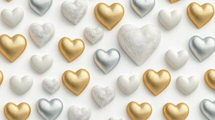 Obraz premium Gold, silver, white hearts background, love concept, Valentine's
