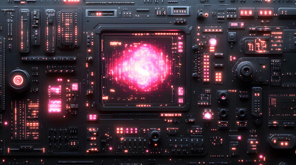 High-Tech Circuit Board With Glowing Pink Light