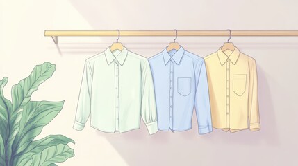 Three Colorful Dress Shirts Hanging on a Wooden Rack with Leaves