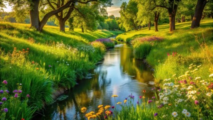 Serene Streamside Meadow bathed in Golden Sunlight, Vibrant Wildflowers blooming along tranquil water, Lush greenery under sunlit trees creating a picturesque pastoral scene.