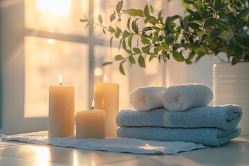 Serene Spa Setting with Candles,Towels,and Essential Oils for Relaxation