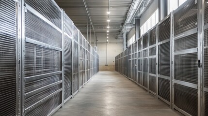 Obraz premium An industrial warehouse with rows of metal storage racks.