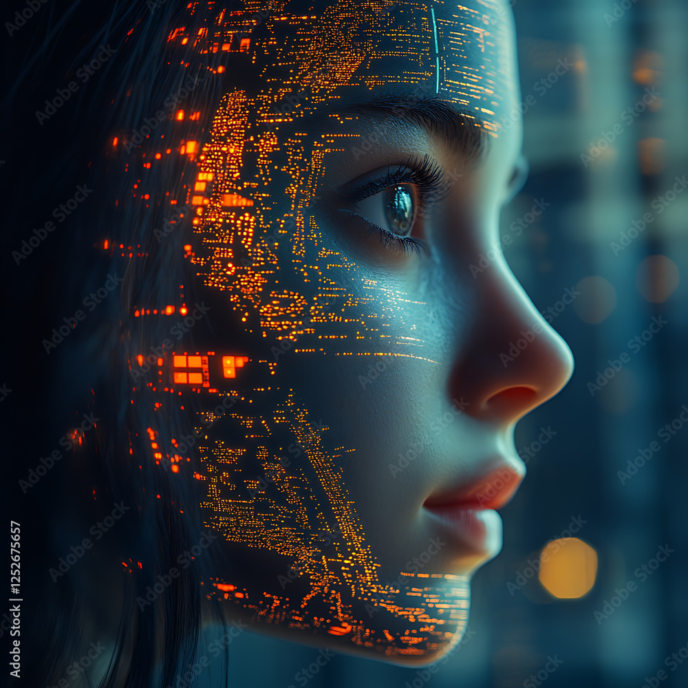 Poster futuristic portrait of woman with digital patterns on her face, symbolizing intersection of technolo