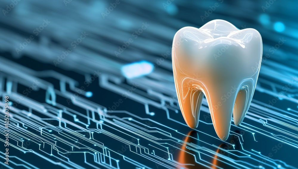 Poster 3d rendering of a glowing tooth symbol with digital network connections on dark blue background, rep