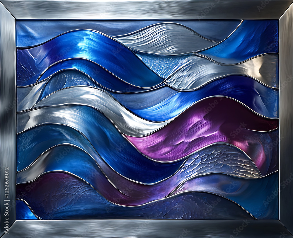 Poster vibrant abstract design featuring flowing waves shades of blue, silver, and purple, creating dynamic