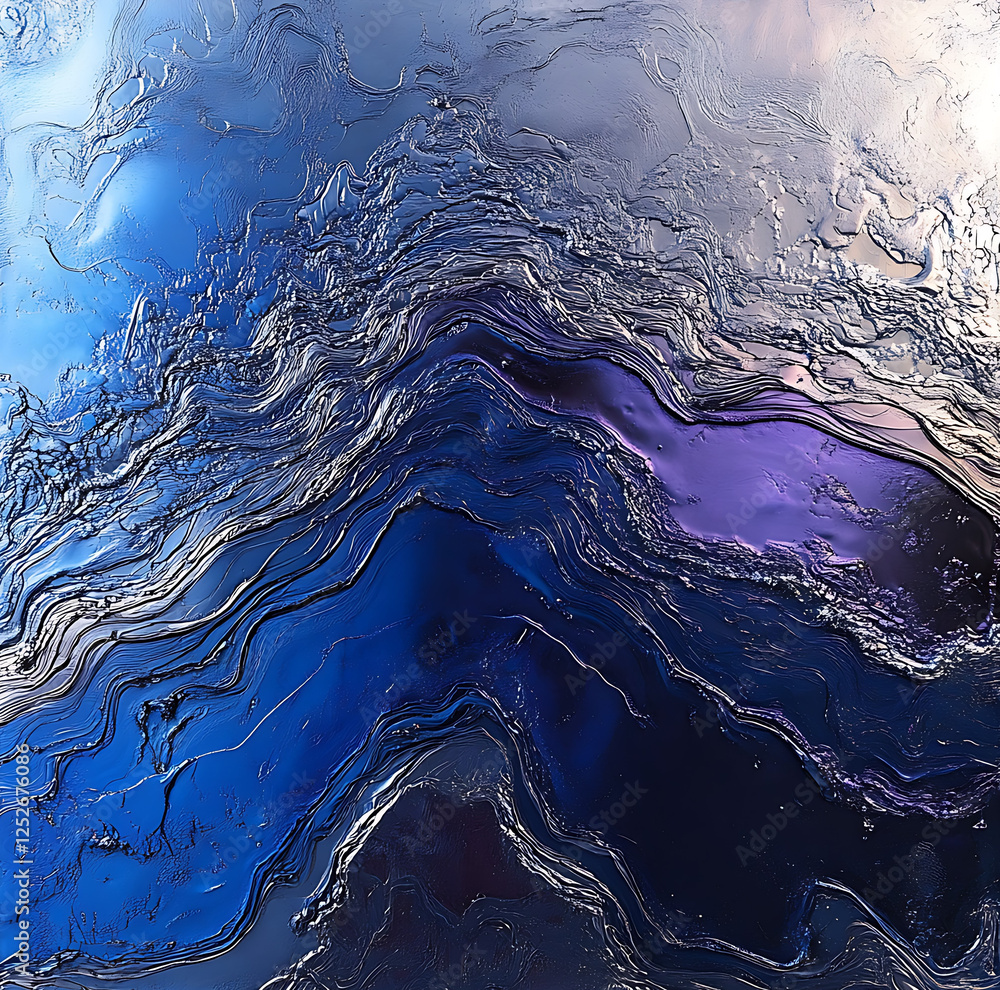 Poster liquid metal texture with dark blues, silvers, and purples creating mesmerizing abstract pattern. fl