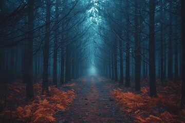 Fototapeta premium Enchanting Pine Forest Trail Through Misty Autumn Landscape