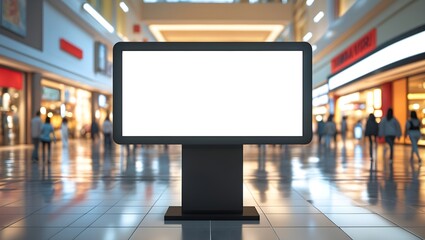 Mall Digital Signage Mockup: A blank digital screen stands prominently in a bustling modern shopping mall, providing a perfect mockup for advertising or marketing campaigns.