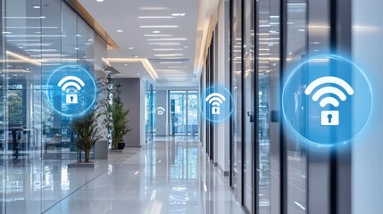 A modern office building with integrated smart security solutions, including automated doors.