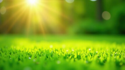 Obraz premium Vibrant Green Grass Meadow Illuminated by Warm Sunlight, a Serene Nature Scene Perfect for Backgrounds and Designs