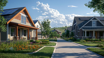 picturesque South Dakota neighborhood featuring modern homes, vibrant gardens, and clear blue sky. scene captures serene suburban atmosphere with well maintained lawns and inviting walkways