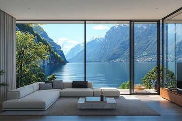 Modern Luxury Living Room with Panoramic Mountain Lake Views