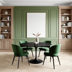 "Modern dining area with a minimalist aesthetic, featuring a round black table with four green upholstered chairs. The room has an elegant green accent wall with paneling, a large blank picture frame,