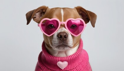 A cute dog wearing pink shape heart sunglasses, sweater with a funny expression in a studio setting, isolated solid background