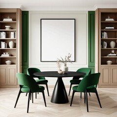 "Modern dining area with a minimalist aesthetic, featuring a round black table with four green upholstered chairs. The room has an elegant green accent wall with paneling, a large blank picture frame,