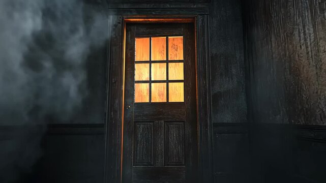 An eerie door in an old house, mysterious fog and mist, an orange light coming from the window behind it, a scene of horror, something scary, and darkness.