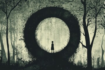 Mysterious Silhouette of a Girl in a Forest with Circular Framing