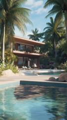 Fototapeta premium Elegant modern resort nestled in nature with a private pool and lounge chairs 